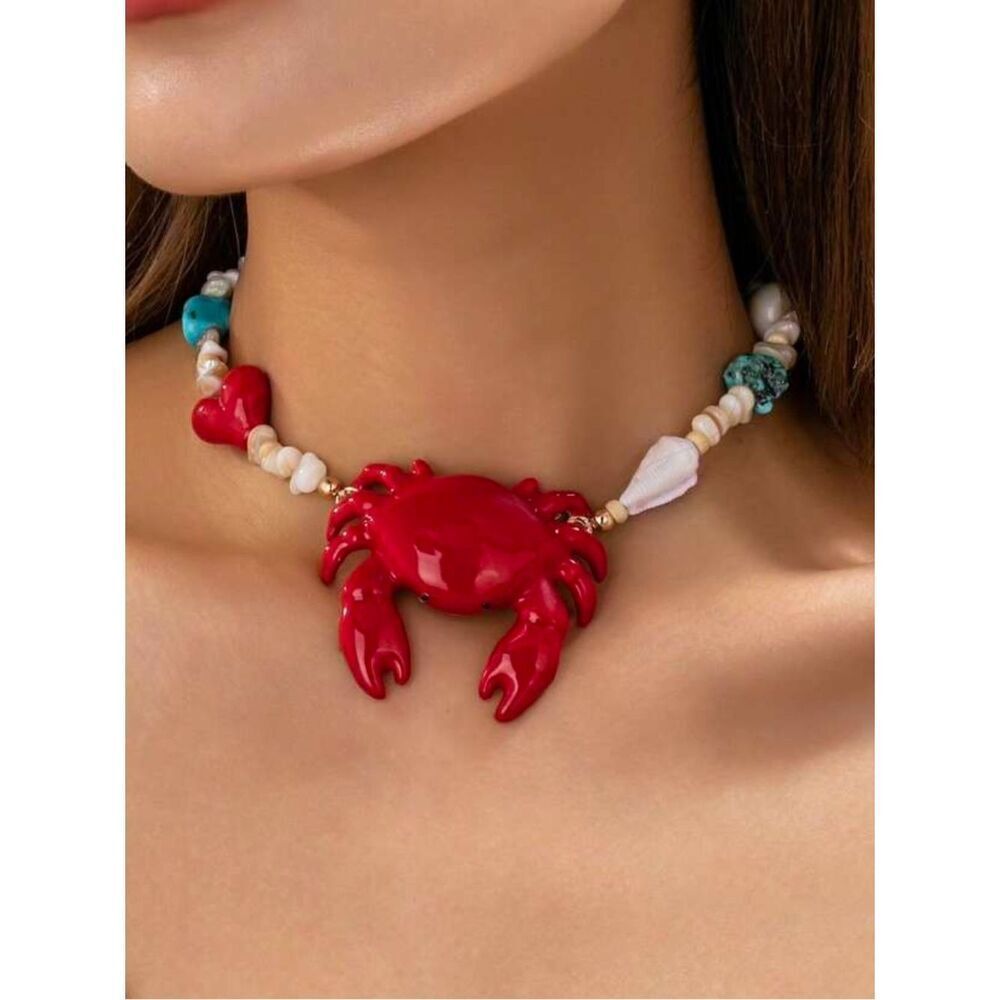 Red Crab Pendant Beaded Choker Necklace N2109